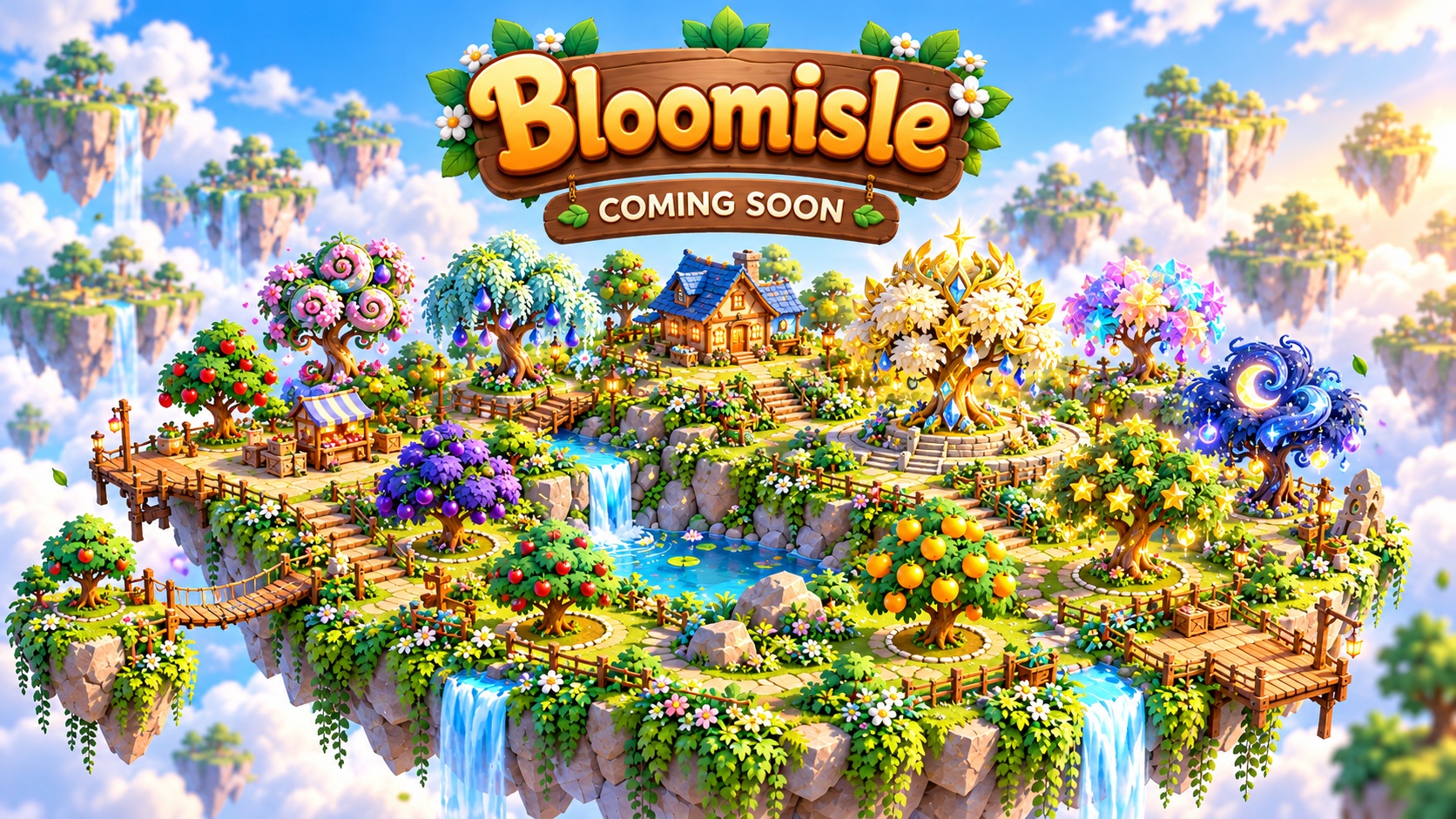Bloomisle — Coming Soon. A colorful floating island with magical fruit trees, a cozy cottage, wooden bridges and waterfalls among the clouds.
